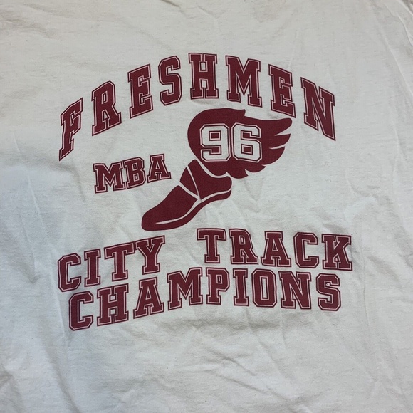 Vintage 90s Freshmen MBA Track Fruit of The Loom Tag USA 1996 White T-Shirt XL/L - Picture 2 of 9